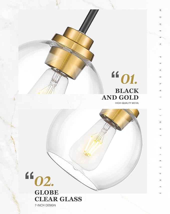 Pendant Lights Kitchen Island, 7" Black and Gold Hanging Lights Fixtures with Clear Glass Globe Shade, Modern Kitchen Island Lighting for Bathroom, AD-22280-1P-KG