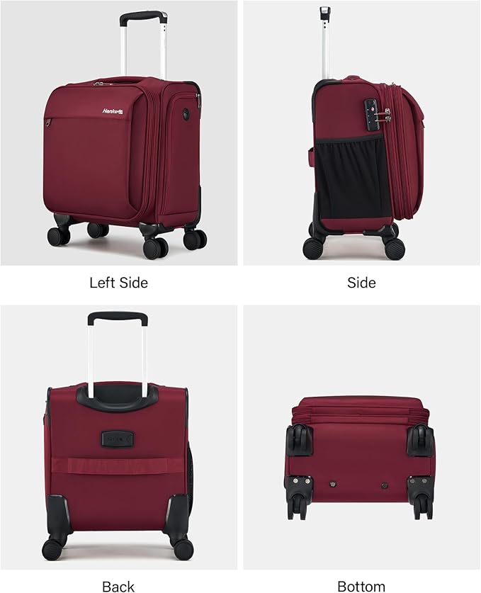 Hanke 16 Inch Underseat Carry On Luggage with Wheels Small Suitcase Softside Luggage Bags for Travel Lightweight Suitcases with Wheels Travel Luggage Personal Item for Men and Women(Burgundy)