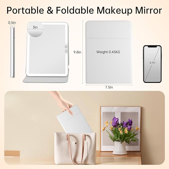FUNTOUCH 2500mAh Large Rechargeable Travel Makeup Mirror with Light, Portable Makeup Mirror with 10X Magnifying Mirror, 3 Lighting Modes, Tabletop Folding Travel Mirror with PU Leather Cover (White)