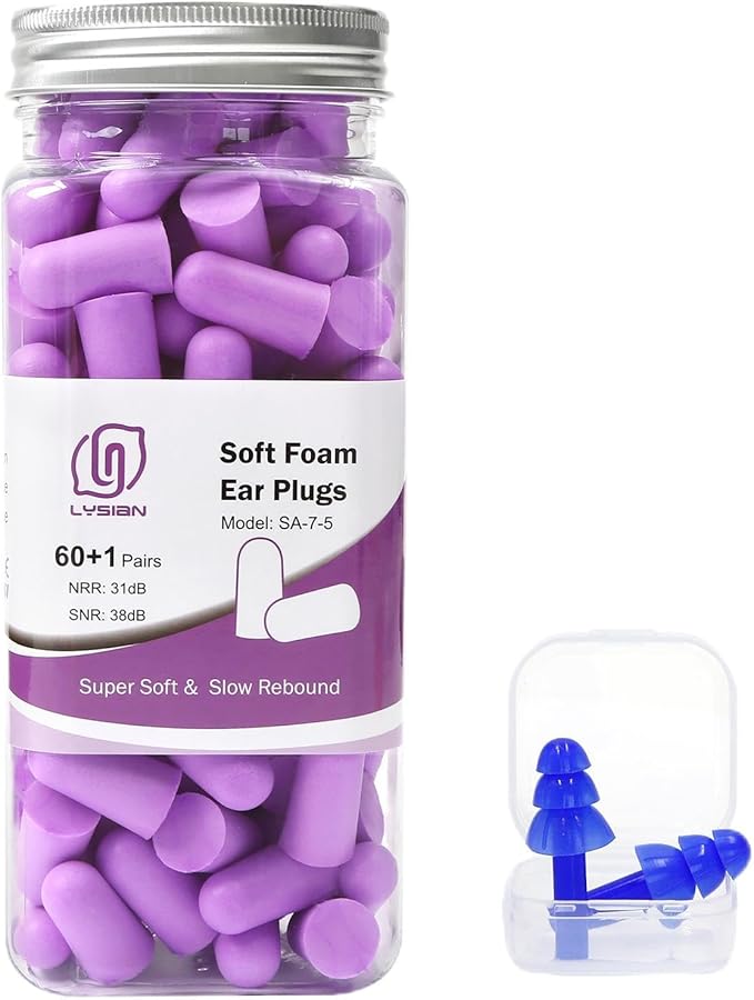 LYSIAN Ultra Soft Foam Earplugs Sleep - 38dB SNR Noise Cancelling Ear Plugs for Sleeping, Shooting, Snoring, Work Loud Sound Reduction- 60 Pairs Valued Pack,Purple