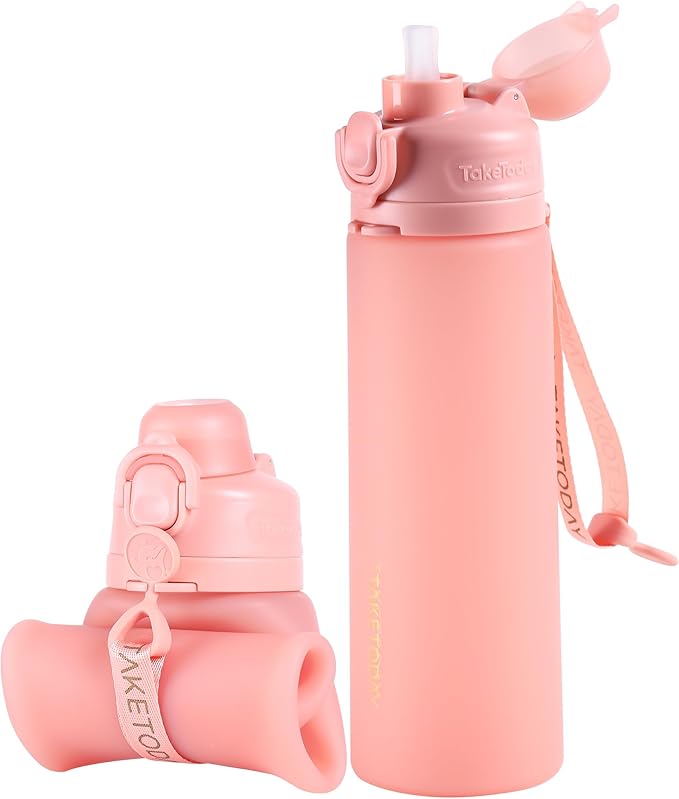 TakeToday Collapsible Water Bottles 21oz (600mL), Foldable Platinum Silicone Travel Water Bottle with Straw & Carry Strap, Leak-Resistant Screw Lid, Wide Mouth, BPA-Free for Hiking, Camping, Travel