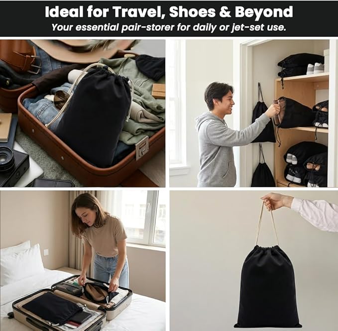 LFH Cotton Rich Shoe Storage Bags with Drawstring, Dustproof Breathable Reusable Organizer, Perfect For Travel, Dorm, Hotel, College, Gym, Machine Washable 12"x17" (Pack of 6) - Black sand