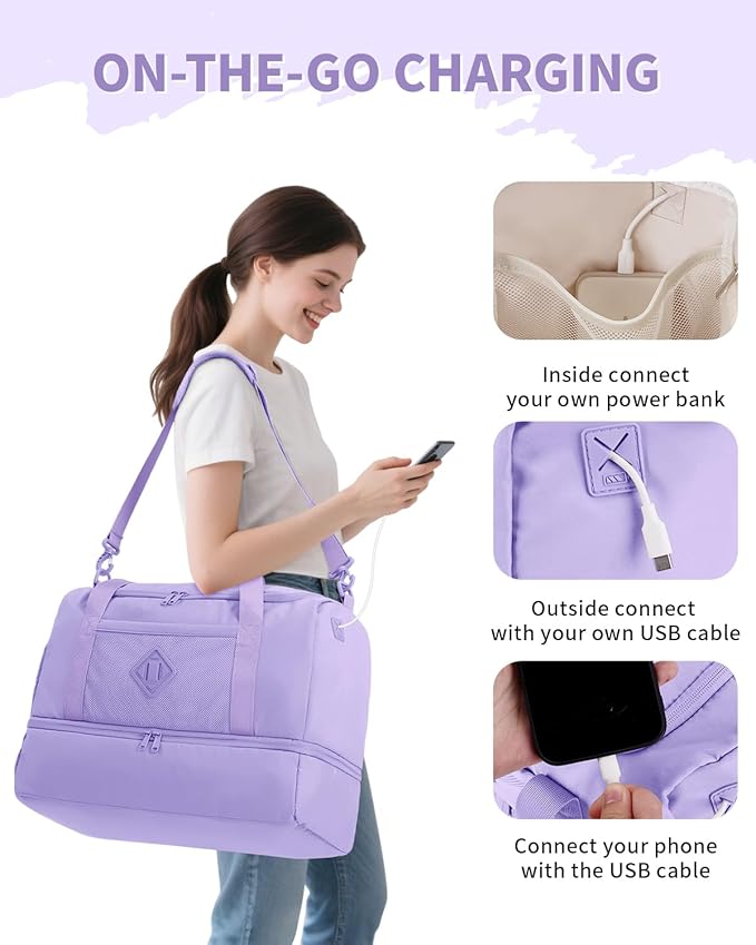 WANDF Travel Duffel Bag with Wet Pocket & Shoe Compartment, 18x14x8 Personal Item Bag with USB Charging Port, Water-Resistant Gym Weekender Overnight Carry-on for Women Men (Purple)