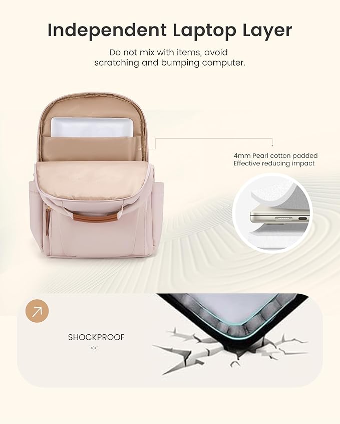 LOVEVOOK Laptop Backpack for Women with Leather Trim & Tumbler Pockets, 15.6" Work Backpack Purse, Travel Personal Item Bag, Carry On Business Computer Bag for Office, School, or Gift, Apricot Brown