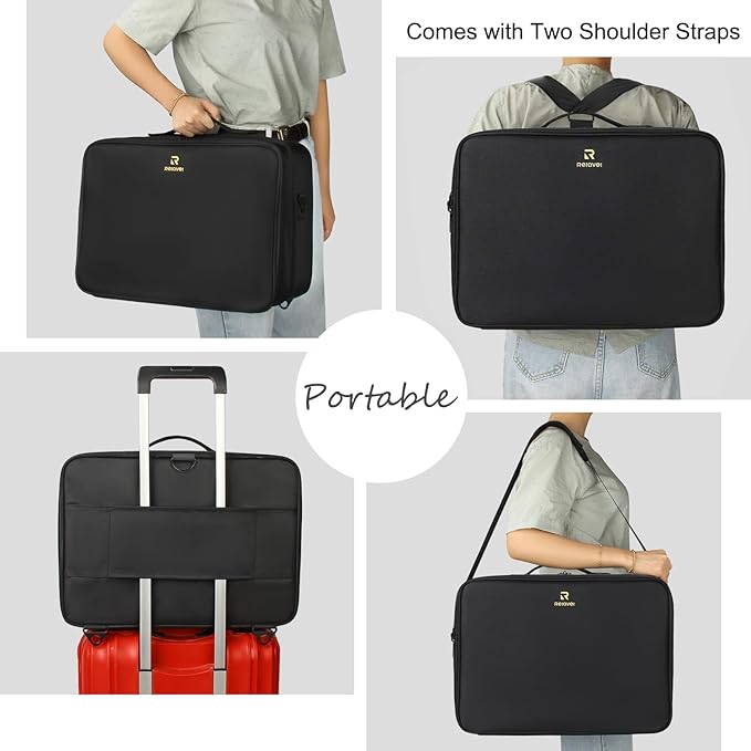 Relavel Extra Large Makeup Case, Makeup Artist Set Bag Professional Cosmetic Organizer Bag Storage Box with Makeup Brush Holder, Adjustable Dividers and Shoulder Strap, Black