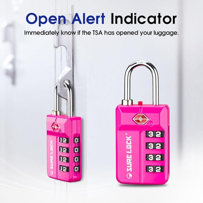 SURE LOCK TSA Approved 4-Digit Luggage Lock, Resettable Combination, Red Dot Open-Alert (Resets Only with Code), Easy-Read Black/White Dials, Hardened Shackle, Zinc Alloy (Pink 1 Pack)