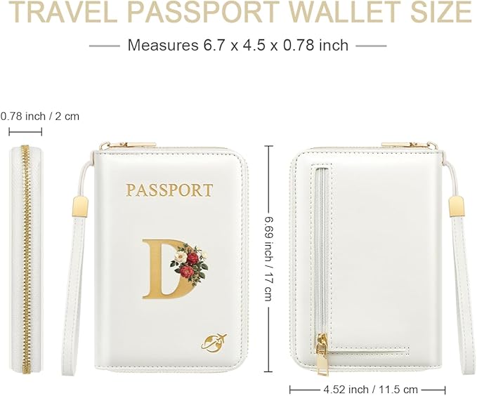 Passport Holder for Travel Personalized Passport Holder Initial Letter Rose Flower RFID Blocking Travel Wallets Credit Cards Holder for Women Men, White D