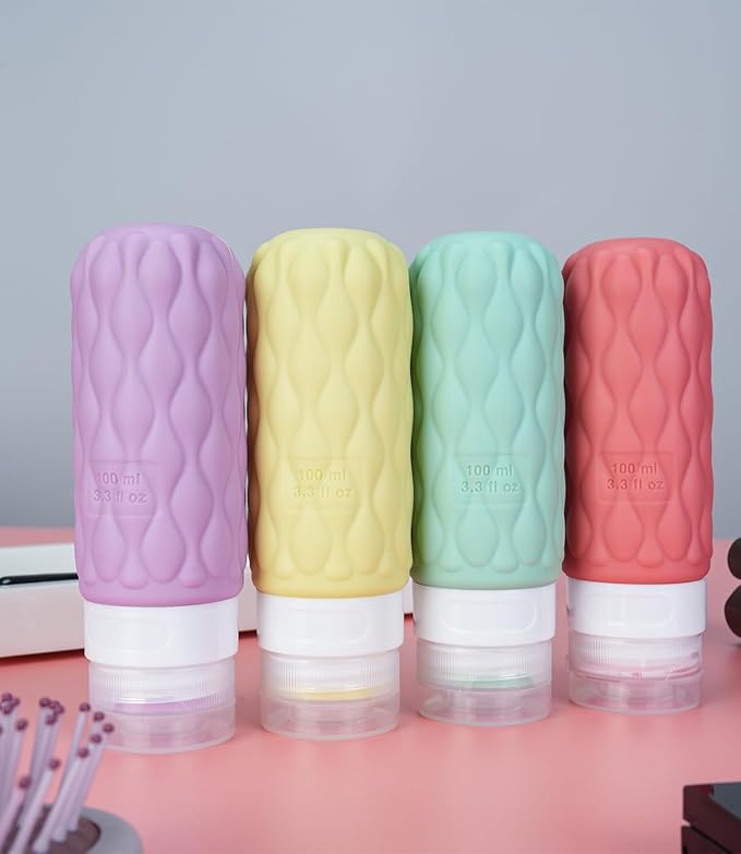 100 ml Silicone Travel Bottles for Toiletries with Labels/Clear Bag, Holiday Travel Essentials Leakproof Refillable Squeeze Travel Size Containers Set for Shampoo and Conditioner