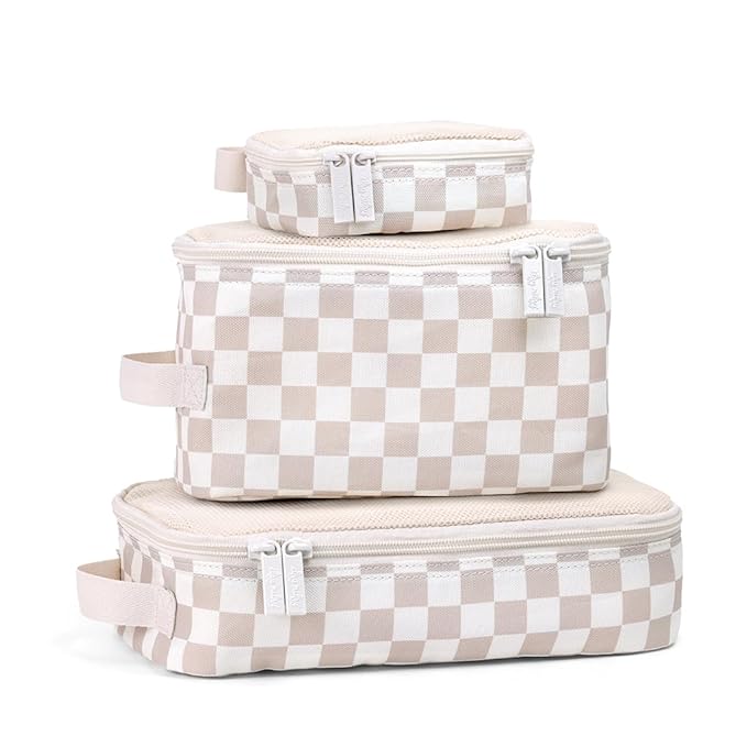 Itzy Ritzy Packing Cubes for Travel – Set of 3 Packing Cubes or Travel Organizers – Each Cube Features a Mesh Top, Double Zippers and a Fabric Handle (Checkerboard)