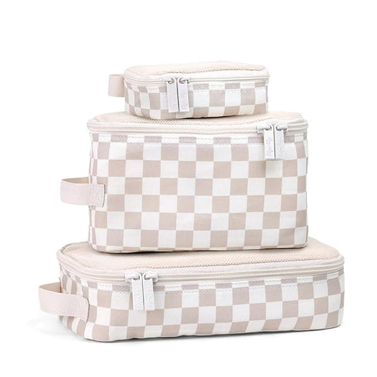 Itzy Ritzy Packing Cubes for Travel – Set of 3 Packing Cubes or Travel Organizers – Each Cube Features a Mesh Top, Double Zippers and a Fabric Handle (Checkerboard)