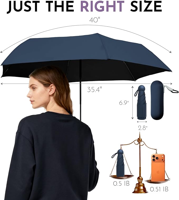 Travel Mini Umbrella Compact Small & Lightweight, UV Rain Protection, Pocket-Sized Folding Umbrellas with Quickdraw & Case for Men Women & Kids Backpack