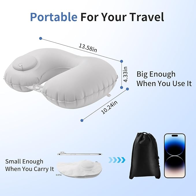 Inflatable Travel Neck Pillow - Portable Airplane Pillow for Flights, Adjustable Neck Support for Cars & Trains (Grey)