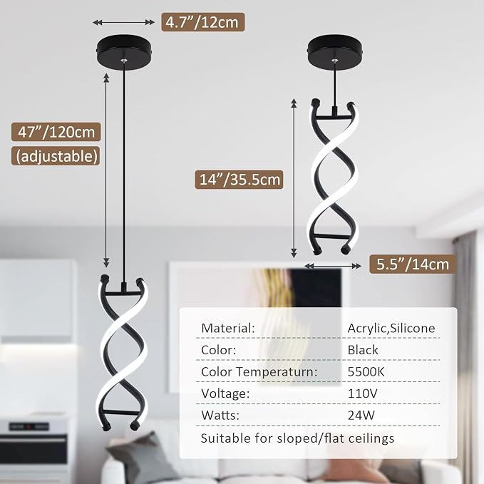 CANEOE Spiral Led Pendant Light Fixture,15W 6000K Modern Integrated LED Hanging Lamp, Adjustable Height Black Kitchen Island Light Fixture for Dining Room Bedroom Kitchen Sink, 1 Pack (Black)