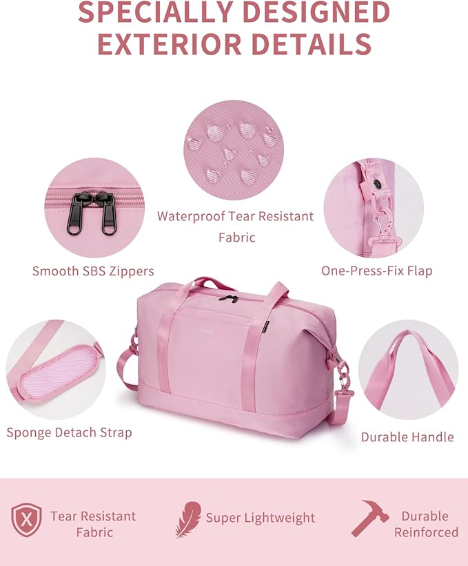 ECOHUB Travel Duffel Bag, Water Resistant Weekender Bag Carry On Bags for Women, Sport Gym Bags for Men, Hospital Bag for Labor and Delivery, Overnight Bag Luggage Bag with Trolley Sleeve 30L Pink