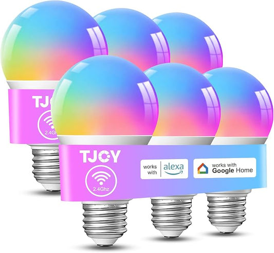TJOY Smart Alexa Light Bulbs, Bluetooth WiFi Led Bulb Compatible with Alexa &Google Assistant, RGB Color Changing Bulbs, Music Sync, 9W(60W Equivalent), A19 E26 800LM(2.4Ghz WiFi only), 6 Pack | Color Changing Light Bulbs with Music Sync, App Control, ...