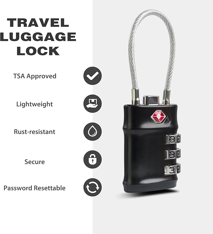 TSA Locks for Luggage, 3 Digit Combination Padlock, Luggage Locks TSA Approved 2 Pack, Combo Cable Padlocks with Code, for Gym Locker, Suitcase, Gun Case, Backpack Zipper (Black+Black)
