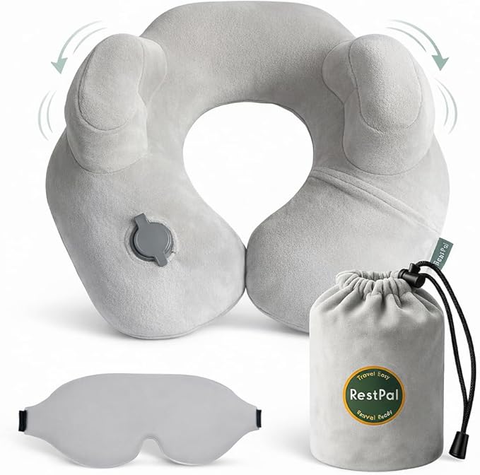 Inflatable Travel Neck Pillow with Adjustable Memory Foam Sides | Lightweight, Soft & Portable Support (Light Gray, Standard)