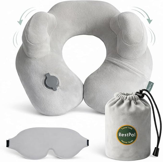 Inflatable Travel Neck Pillow with Adjustable Memory Foam Sides | Lightweight, Soft & Portable Support (Light Gray, Standard)
