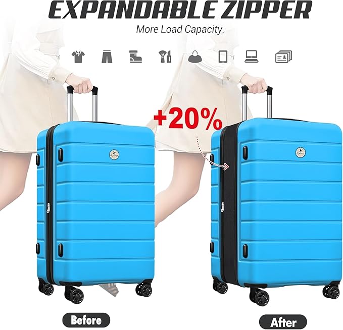 Classic 3-Piece Luggage Set with TSA Lock, Lightweight Suitcase with Spinner Wheels, Hardshell Expandable Carry-On Luggage, 20/24/28 inch, Blue