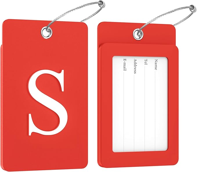 Gostwo 2 Pack Luggage Tags for Suitcases, 26 Initial Letter Travel Luggage Baggage Identification Labels ID Tag Fully Bendable Tags with Stainless Steel Loop (Red) (Letter S)