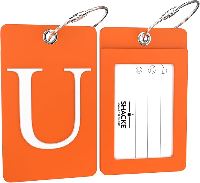 Shacke Luggage Tag Initial – Fully Bendable Tag w/Stainless Steel Loop - Orange (Letter U)