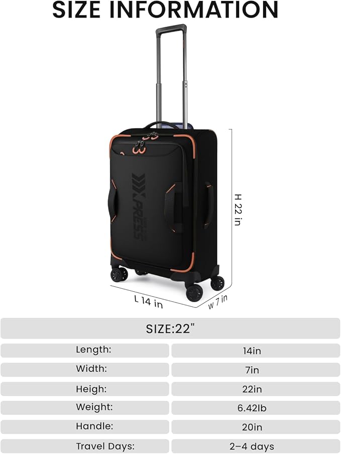 22" Luggage, Softside Suitcase w/Double Spinner Wheels, Waterproof,Lightweight Rolling Suitcases for Men/Women（Black,22in）