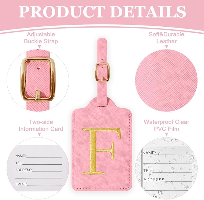 Personalized Initial Luggage Tags for Suitcases,Leather Letter Cute Luggage Tags with Privacy Name Card,Embroidered Monogrammed Travel Bag Backpack Tag Gifts for Women Kids Girls Teens(Pink-F)