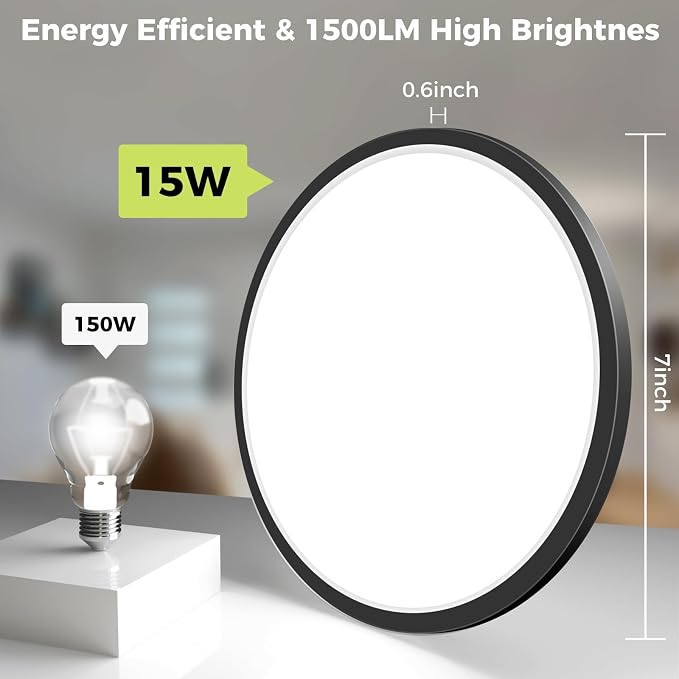 4Pack LED Flush Mount Ceiling Light Fixture, 7Inch 15W, Dimmable&3000K/3500K/4000K/5000K/6500K Adjustable Low Profile Ceiling Lights, 1500LM Round Lamp for Bathroom, Closet, Kitchen, Hallway, Black