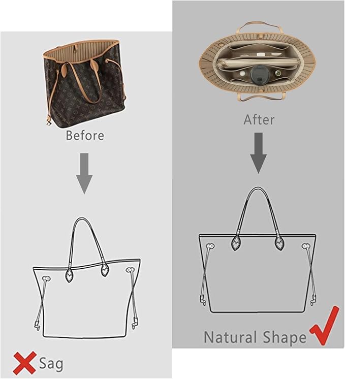 Purse Organizer Insert For Handbags, Purse Organizer With Zipper, Neverfull Organizer, Bag Organizer For Speedy Neverfull ONTHEGO Tote, Handbag and More (Silky Beige, Large)