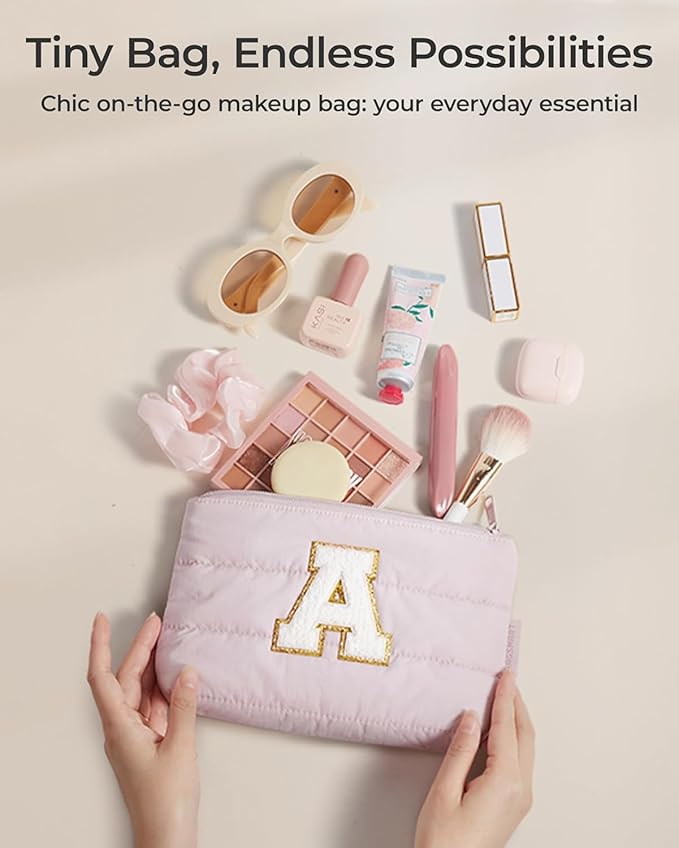 BAGSMART Personalized Makeup Bag with Initial, Pink Small Cosmetic Travel Organizer, Water-Resistant Pouch for Women & Teens for Bridesmaid Graduation (Initial-S, Small)