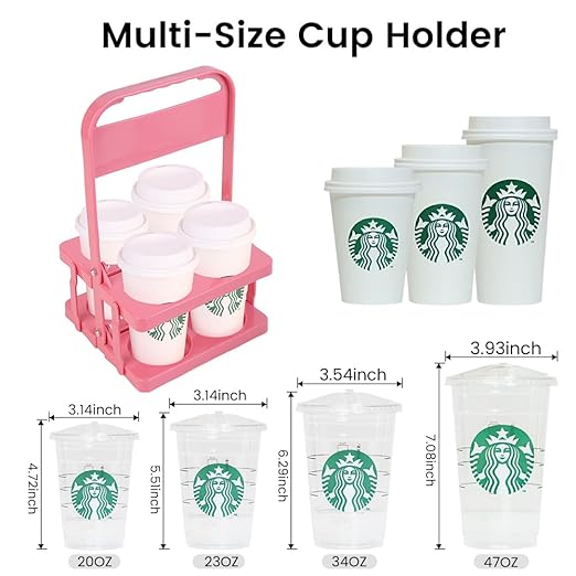 Bodaon 4 Cup Drink Carrier with Handle, Plastic Cup Carriers for Drinks, Drink Holder for Car, Take Out Delivery Drivers Accessories, Portable Foldable Reusable Mobile, Use for Food Delivery Bag, Pink