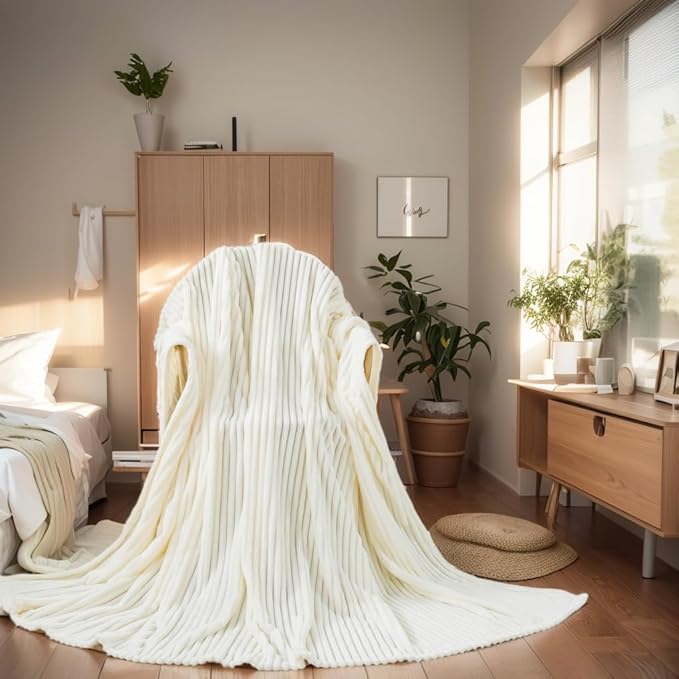 Cuddly Queen Size Blanket, Fluffy Fleece, Warm & Soft with Striped Pattern, 90x90 Inches, Cream