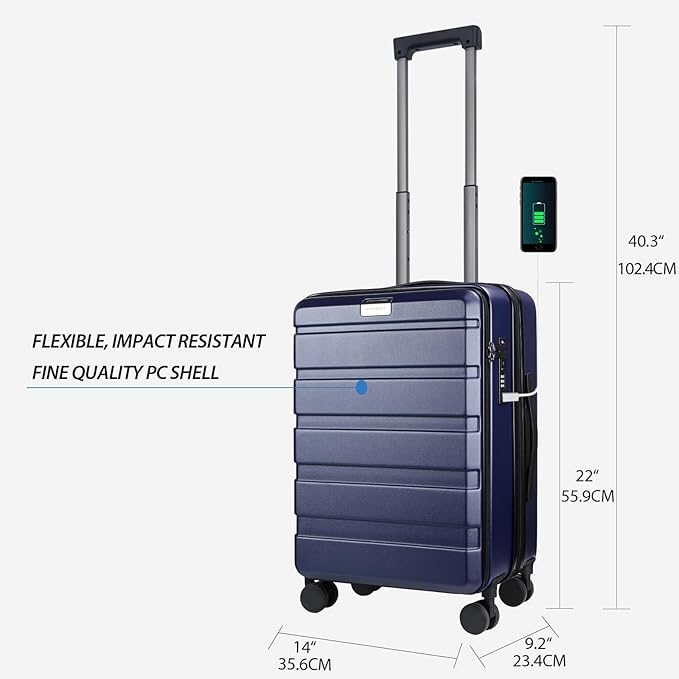 KROSER Carry On Luggage with Spinner Wheels & Built-in TSA Lock, Expandable Top Opening Hard Shell Suitcase Large Capacity Durable Rolling Luggage with USB Port, Carry-On 20-Inch, Navy