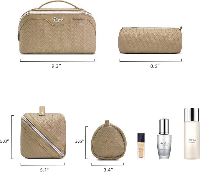 BOYATU Travel Makeup Bag Cosmetic Bags for Women: Large Capacity 3 Pcs Set Make up Bag with Compartments - Waterproof Vegan Leather Toiletry Organizer Bags with Handle (L12 Apricot)