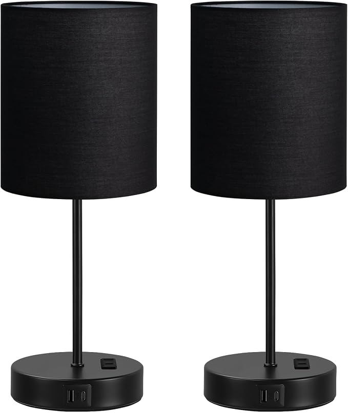 17.6" Black Touch Lamps for Bedroom Set of 2 - Dimmable, USB C+A, AC Outlet | Large 17.6" Tall Lamp, 3-Way Dimming, 5000K Daylight Bulbs, Black Lampshade Black Base, for Living Room, Boys, Men, Girls