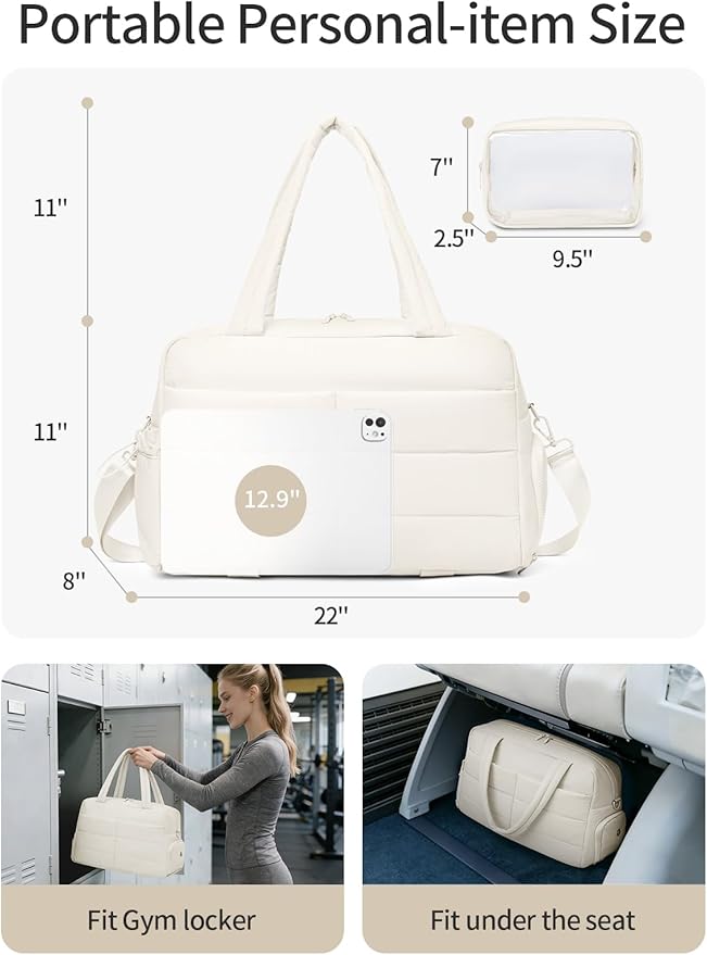 Gitus Carry On Duffle Gym Bag for Women Puffer Weekender Overnight Duffel Bag for Travel with Clear Toiletry Pouch Sport Yoga Fitness Essentials Gifts (Ivory)
