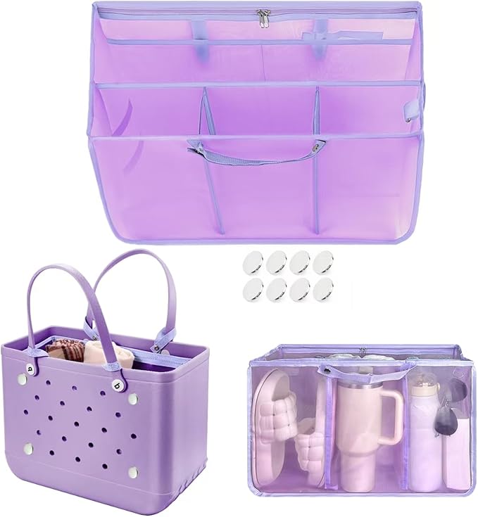 XYFuuee Beach Bag Organizer Inserts for Original Large Bogg Bag Accessories with 8 Removable Metal Fasteners, Lightweight Mesh Insert Divider Pouch, Organizing Rubber Tote, Save Space, Purple XL