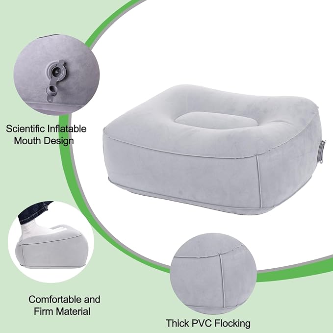 Inflatable Foot Rest for Airplane Travel & Office, Portable Leg Rest Pillow, Elevating Feet for Economy Flight, Home Desk, Car Use - Grey