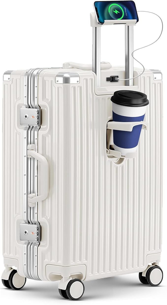 Carry On Luggage, 24 Inch Zipperless Luggage, Aluminum Frame Hardside Suitcase with TSA Lock, Spinner Wheels, Phone Holder, Charging Port, Cup Holder for Lightweight Travel, White
