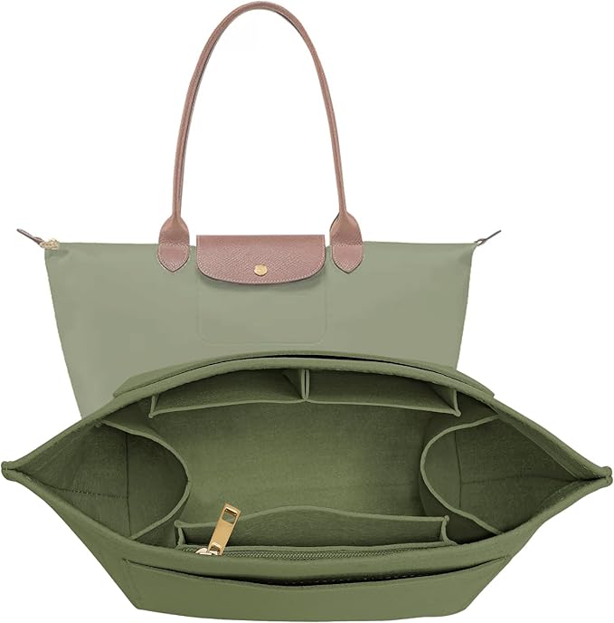 LOUKAYCCI Purse Organizer Insert for Longchamp Le Pliage M Handbag Insert Felt Long Champ Tote Bag Organizer Insert with Cup (Green, Medium)
