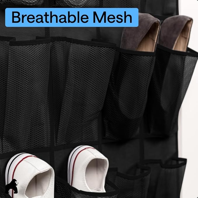 GORILLA GRIP Over the Door Shoe Organizer, 24 Extra Large Breathable Mesh Pockets, Space Saving Hanging Storage Holder, 4 Hook Closet Rack Hanger, Hangs on Closets for Shoes and Accessories, Black