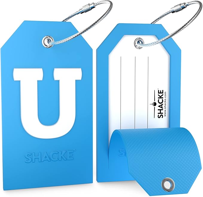 Shacke Initial Luggage Tag with Full Privacy Cover and Stainless Steel Loop - Aqua Teal (Letter U)