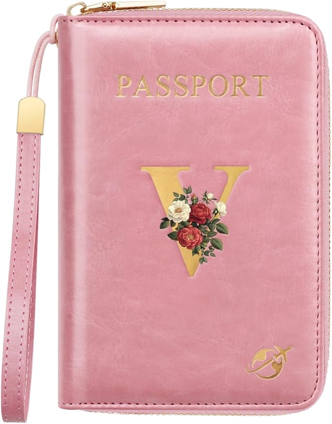 Passport Holder for Travel Personalized Passport Holder Initial Letter Rose Flower RFID Blocking Travel Wallets Credit Cards Holder for Women Men, Pink V