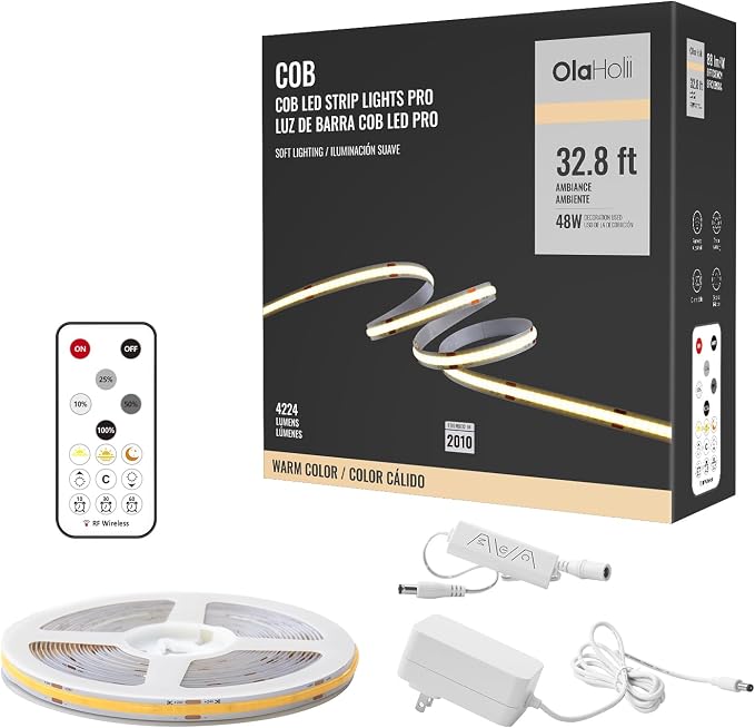 32.8ft COB Led Strip Light with Remote, 2700K Ra93+ Dimmable Bright Warm White Led COB Strip Light, White Led Strip Light for Mirror, Stair, Cabinet, Room