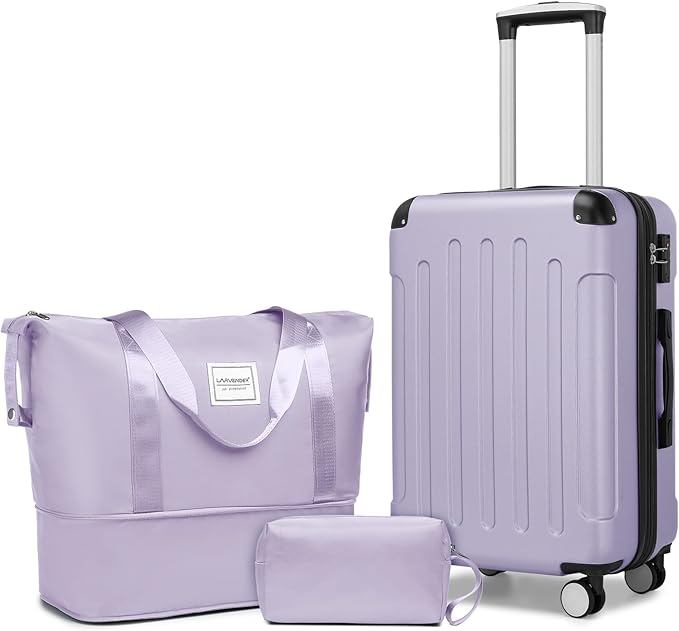 LARVENDER Luggage Sets 3 Piece, Expandable Carry on Luggage 22x14x9 Airline Approved Hardshell Suitcase with Spinner Wheels TSA Lock, Lightweight Rolling Suitcase for Men and Women, Purple Lavender
