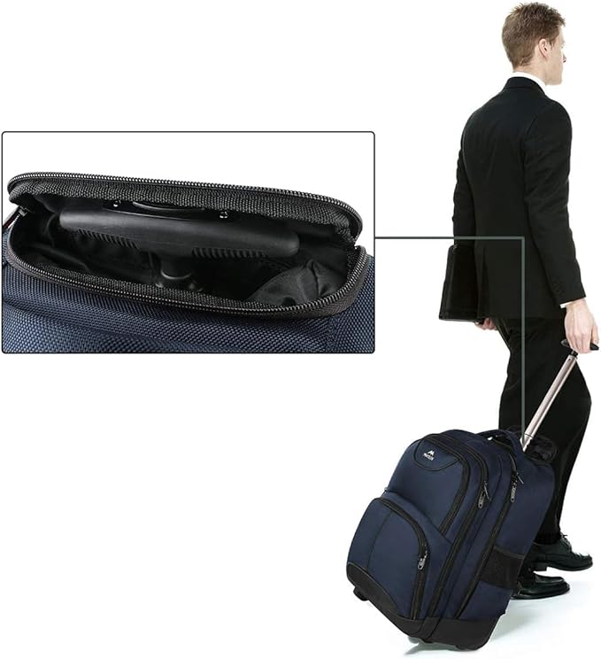 MATEIN Backpack with Wheels, Travel-friendly Rolling Laptop Backpack for Men Women, Freewheel Carry on Luggage Business bag, Compact College Trolley Suitcase Computer Bag fit 17 inch Notebook, Blue