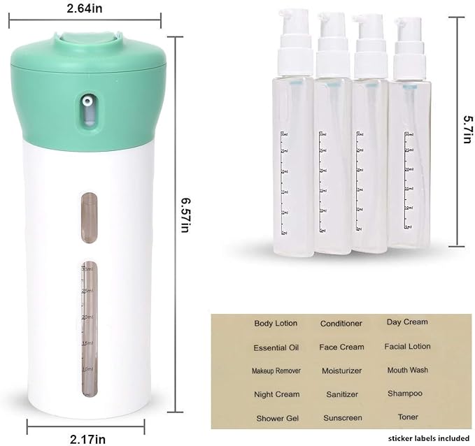 Travigo 4-in-1 Travel Dispenser Bottle, TSA Approved, Leak Proof, Four Reusable 1.4 oz. (40 mL) Toiletry Containers for Shampoo, Conditioner, Soap, Lotion, Skincare (Green)