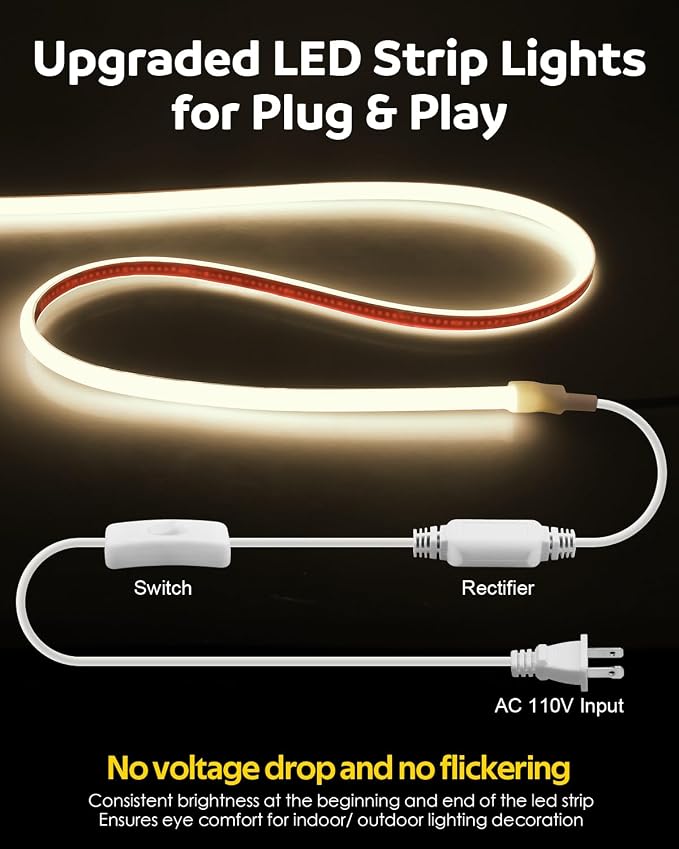 Aclorol AC 110V COB LED Strip Light Natural White 6FT/2M 576LEDs Flexible LED Rope Lights Outdoor Waterproof with 4.92ft Long Power Cable for Under Cabinets Bookshelf Living Room Shed Lighting 4000K