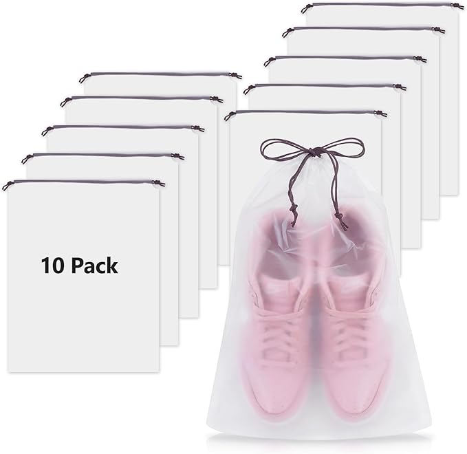 Waterproof Shoe Bags for Travel - 15.7x11.8 Inches Drawstring Bags Organizers (10 Pack), Clear Waterproof Bag Travel Essentials for Men & Women, Shoe Bags for Storage (Packing, Gym, Luggage Storage)