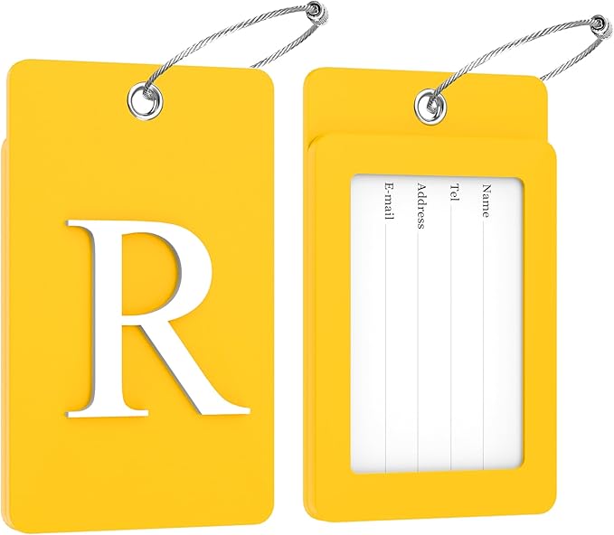 Gostwo 2 Pack Luggage Tags for Suitcases, 26 Initial Letter Travel Luggage Baggage Identification Labels ID Tag Fully Bendable Tags with Stainless Steel Loop (Yellow) (Letter R)